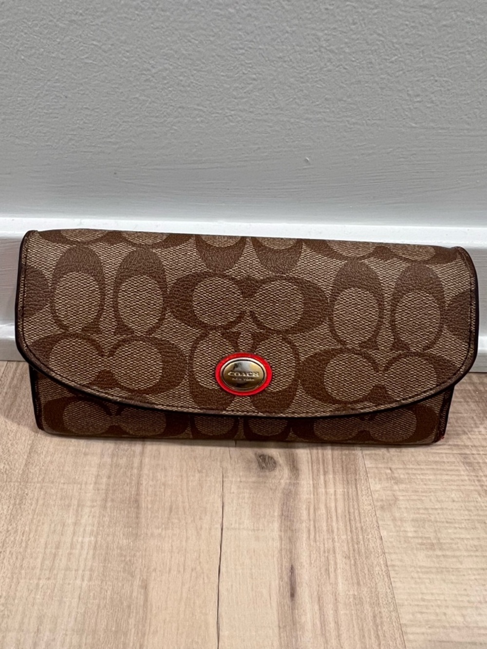 Coach Brown Signature Canvas Clutch Wallet with Pink Trim